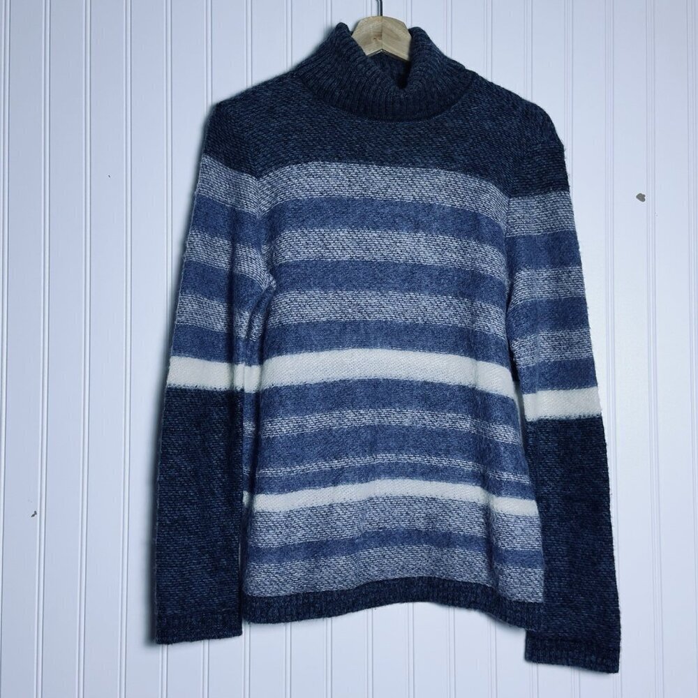 NOT FOR SALE SOLD Tricia Blue Alpaca Wool Horizontal Striped Turtleneck Sweater - Picture 3 of 8